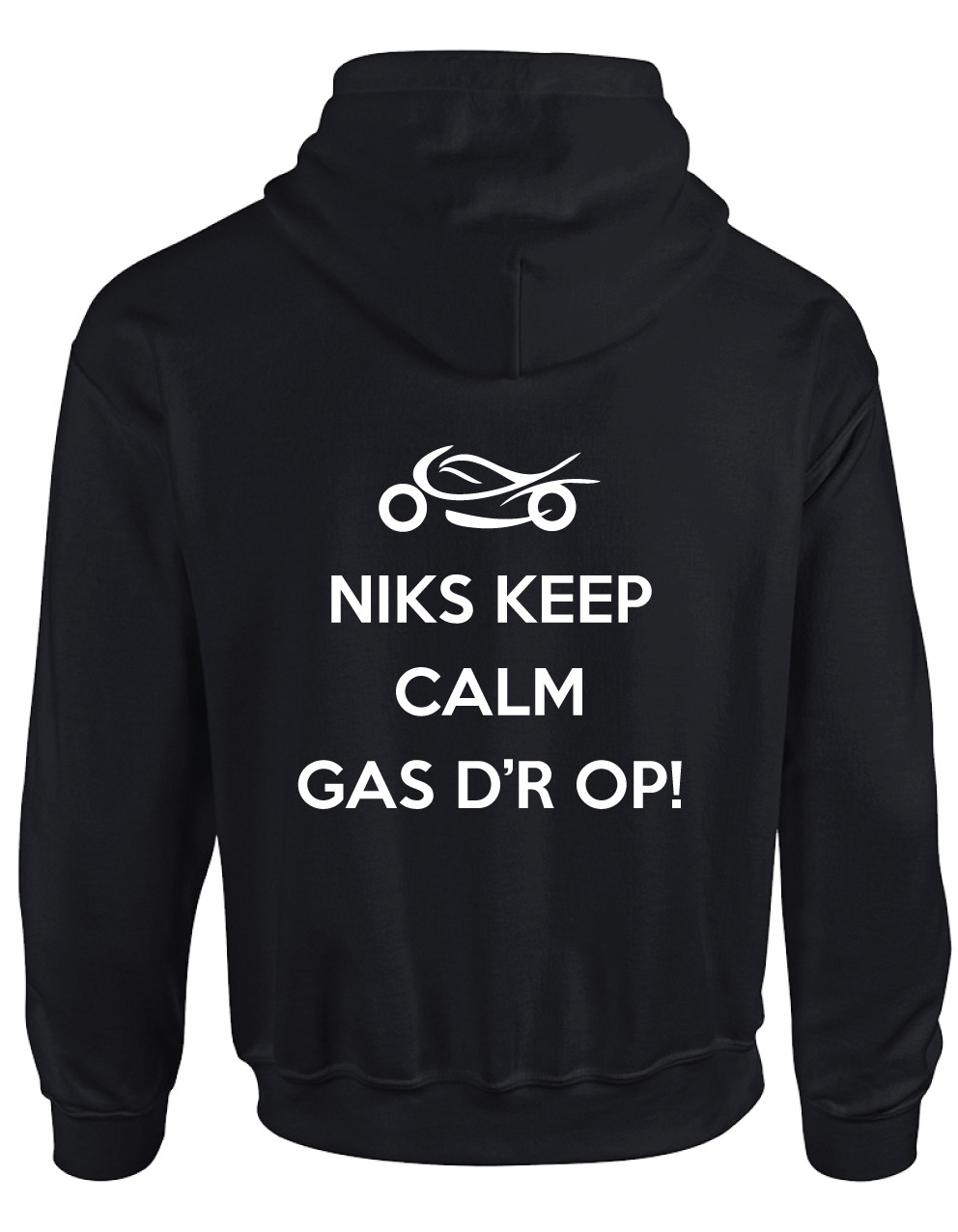 Langskomen hond Kip Motor sweater met hoodie incl tekst niks keep calm gas erop - mowena